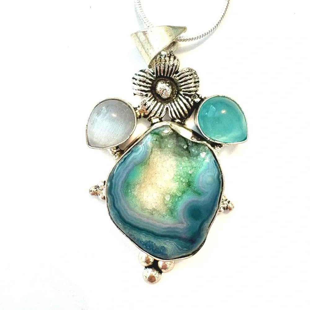 Natural, 2 inch, silver, Willow Leaf Chrysocolla pendant on a silver chain . - Picture 3 of 5